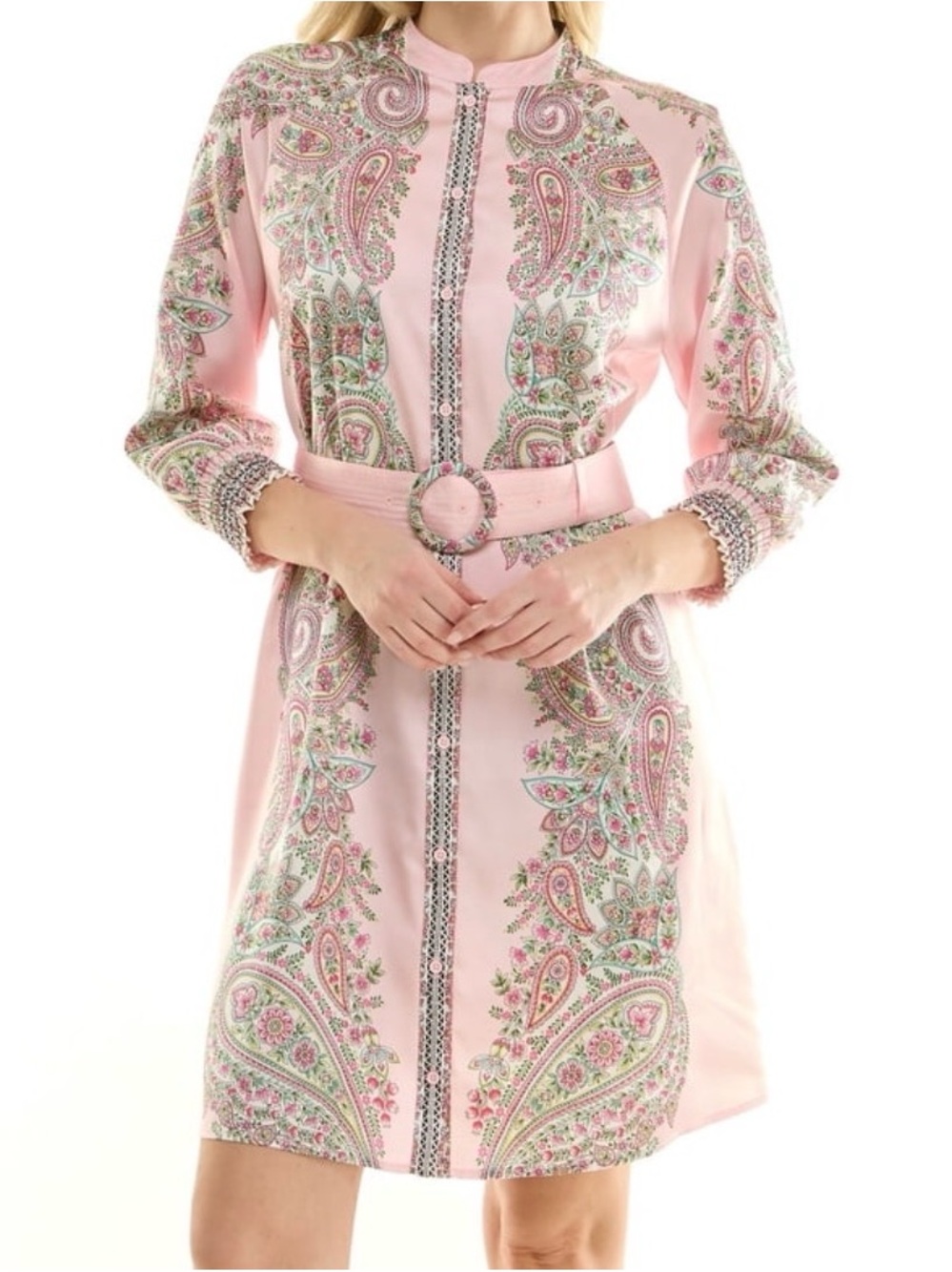 Nanette Lepore Women’s XL Pink Paisley Mirror Print Belted Shirt Dress NWT